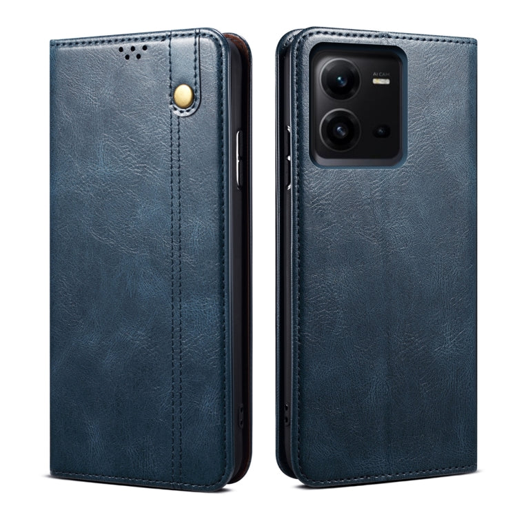 Blue leather phone case with stitched flip cover and camera cutout