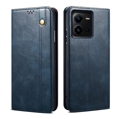 Blue leather phone case with stitched flip cover and camera cutout