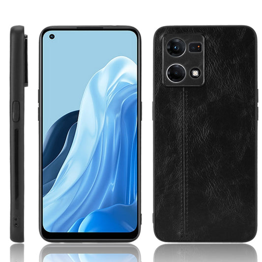 Black leather-texture phone case with stitched center seam and camera cutouts.