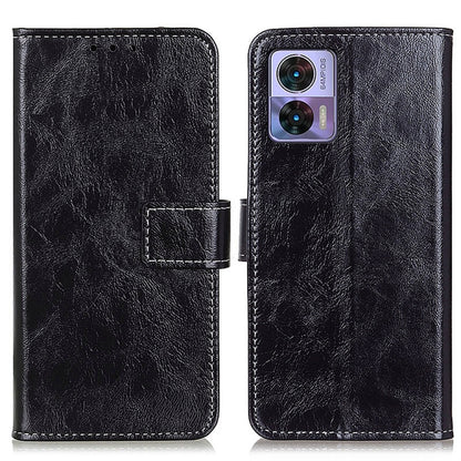 Black textured leather phone case with flip cover and stitched edges