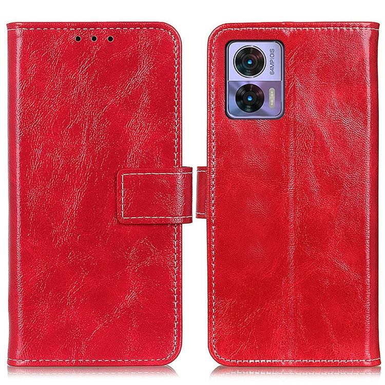Red textured leather flip phone case with camera cutout and stitched trim