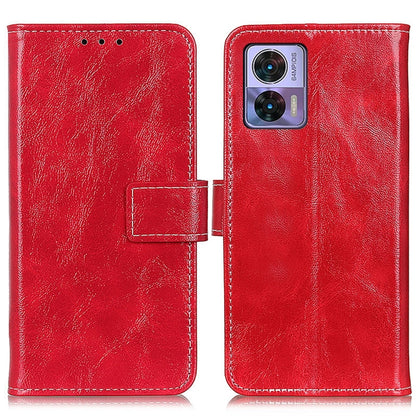 Red textured leather flip phone case with camera cutout and stitched trim