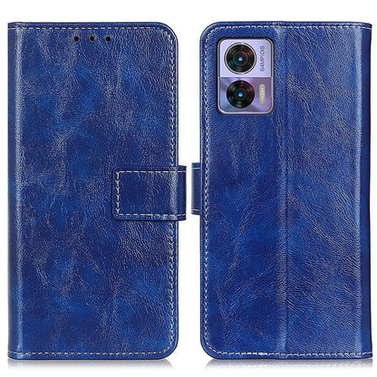 Blue textured leather flip phone case with camera cutout and stitched edges