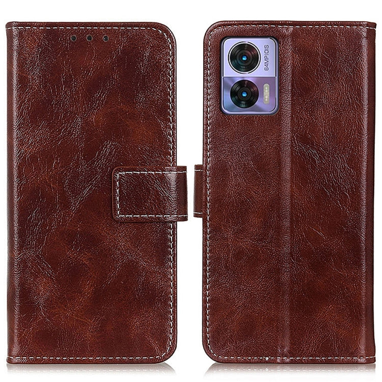 Brown textured leather flip phone case with magnetic strap, card slot, camera cutout