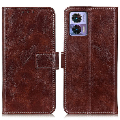 Brown textured leather flip phone case with magnetic strap, card slot, camera cutout