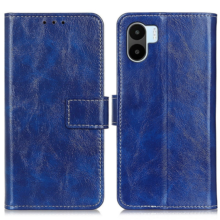 Blue textured leather flip phone case with magnetic strap and card slot