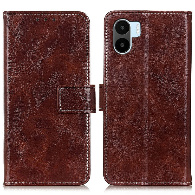 Dark brown textured leather flip phone case with magnetic strap, card slot, dual camera cutout