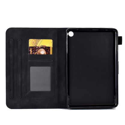 Black leather-style flip tablet case open, showing card slots and tablet cover