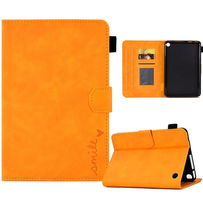 Embossed smile tablet leather case in orange with folio stand and magnetic flap