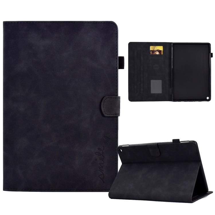 Embossed smile tablet leather case in dark navy with folio stand and magnetic flap