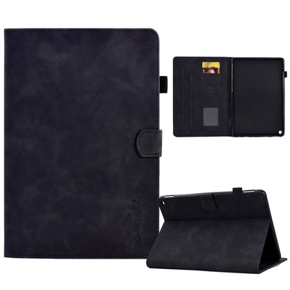 Embossed smile tablet leather case in dark navy with folio stand and magnetic flap