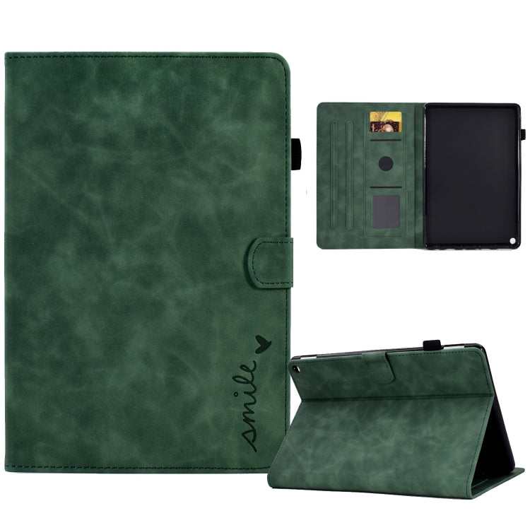 Embossed smile tablet leather case in green with folio stand and magnetic flap