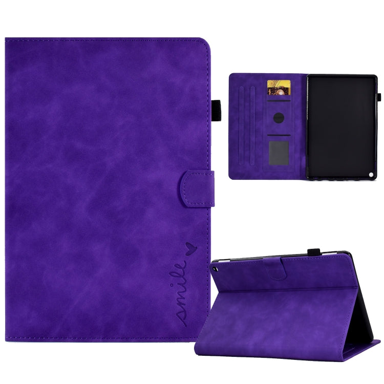 Embossed smile tablet leather case in purple, shown with side slot and stand