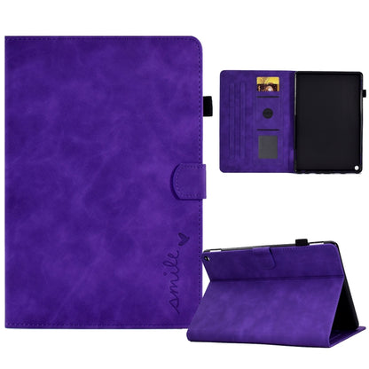 Embossed smile tablet leather case in purple, shown with side slot and stand