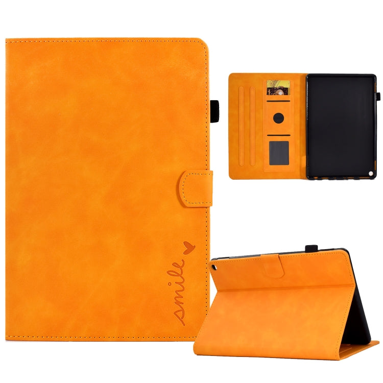 Embossed smile leather tablet case, orange folio with card slot and fold stand