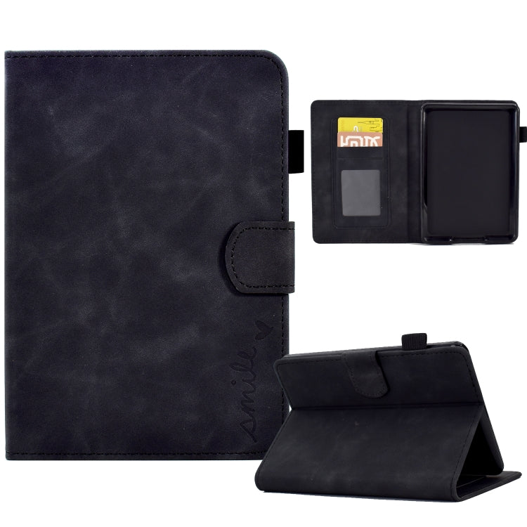 Embossed smile leather tablet case, dark blue folio with card slot and fold stand