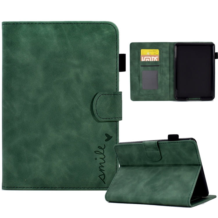 Embossed smile leather tablet case, green folio with card slot and fold stand view