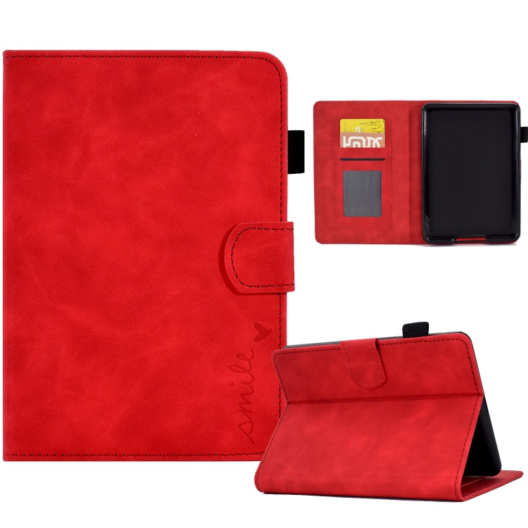 Red leather-style tablet flip case with side clasp and card slot window