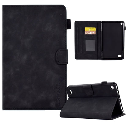 Black leather-style tablet flip case with side clasp and card slot window