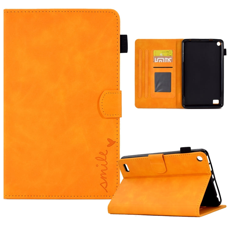 Orange embossed smile leather flip case with card slots and kickstand for tablet