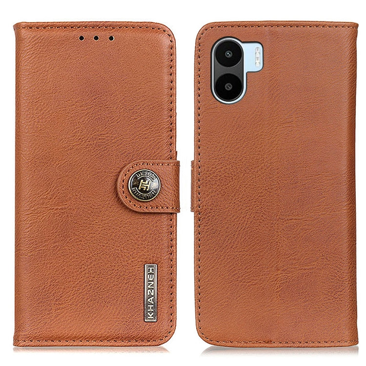 Brown leather phone case with magnetic flap and cowhide texture