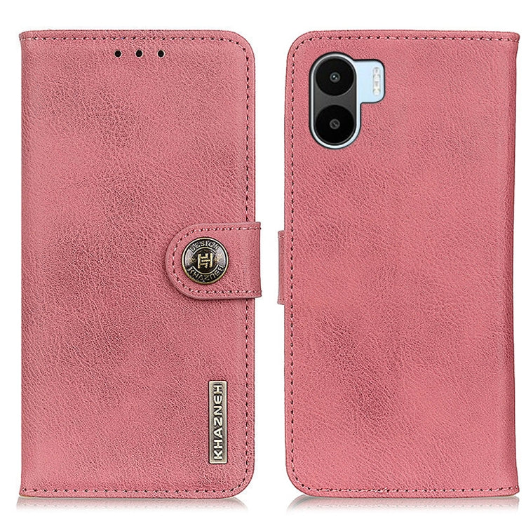 Cowhide-texture leather phone case with flip cover, pink; rear camera cutout
