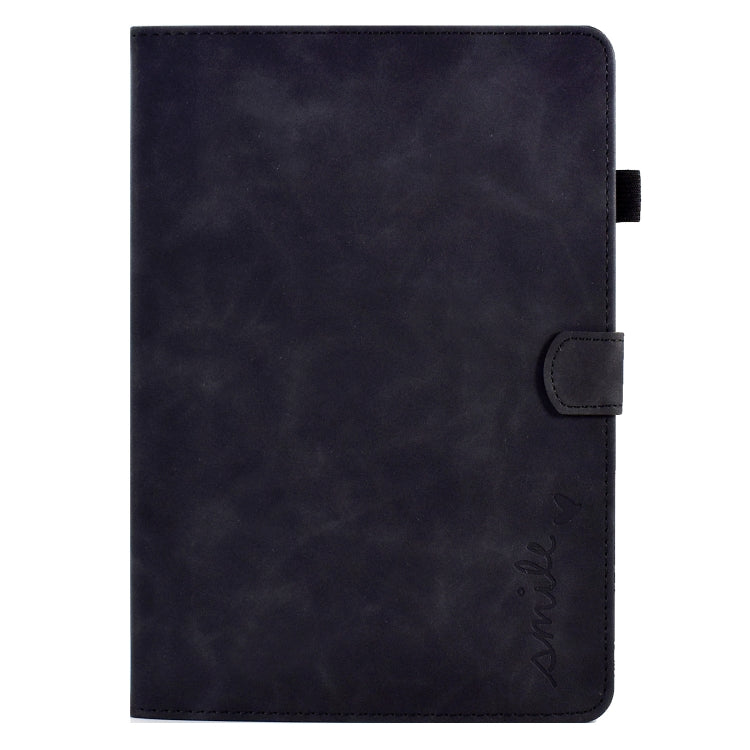 Embossed smile flip tablet leather case, dark navy/black, front view with side strap