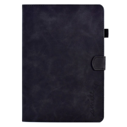 Embossed smile flip tablet leather case, dark navy/black, front view with side strap