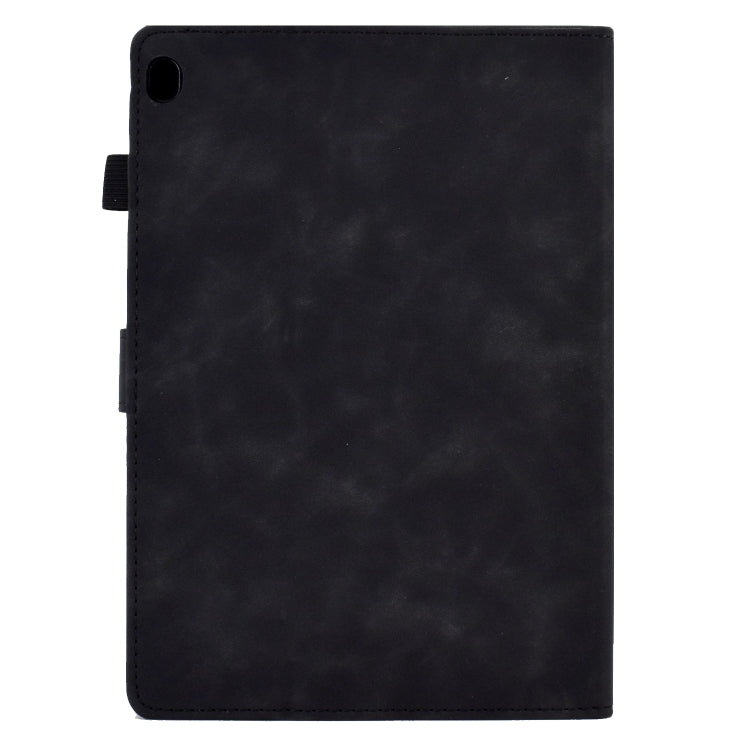 Embossed smile flip tablet leather case, dark navy/black, back view with camera cutout