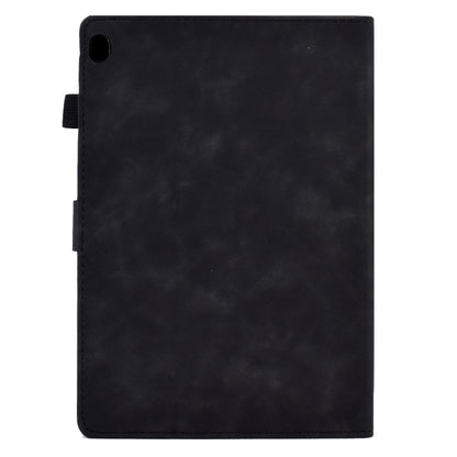 Embossed smile flip tablet leather case, dark navy/black, back view with camera cutout