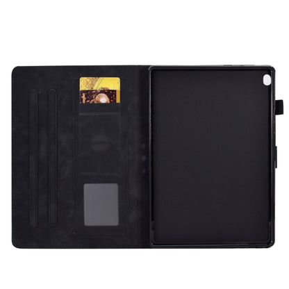Embossed smile flip tablet leather case, dark navy/black, open with card slots and holder
