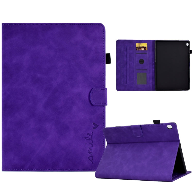 Embossed smile flip tablet leather case, purple, with stand and card slots