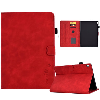 Embossed smile flip tablet leather case, red, with stand and card slots