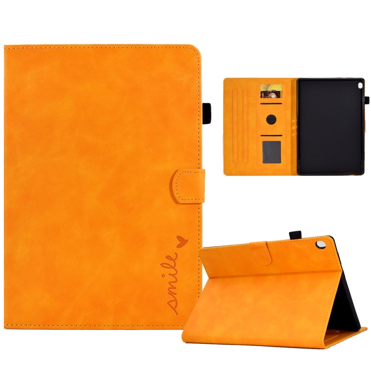 Tan leather flip tablet case with folio stand and cutout card slots for screen protection.