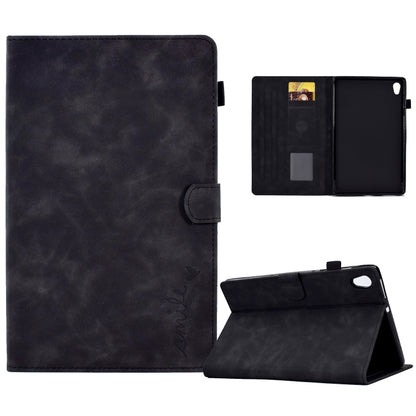 Black leather flip tablet case with folio stand, side opening, and card slots.