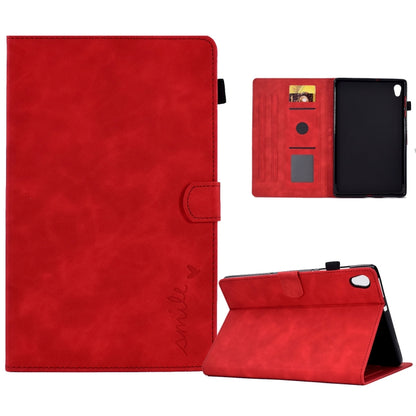 Red leather flip tablet case with folio stand and card slots for tablet protection.