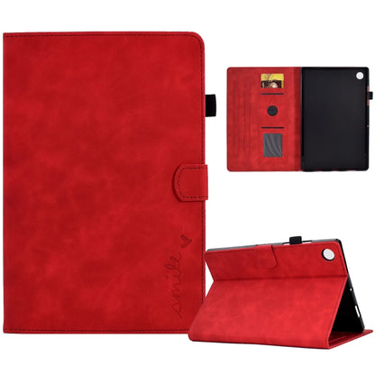 Embossed smile tablet leather folio case, red, with magnetic stand