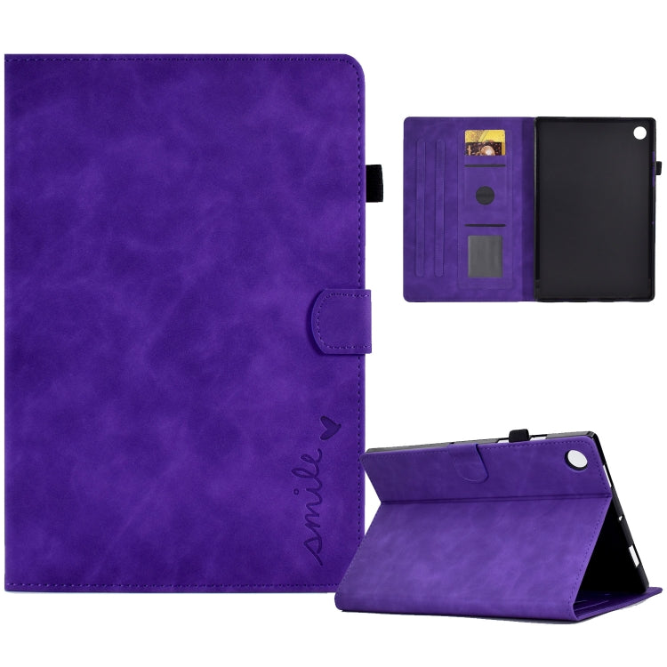 Embossed smile tablet leather folio case, purple, with magnetic stand