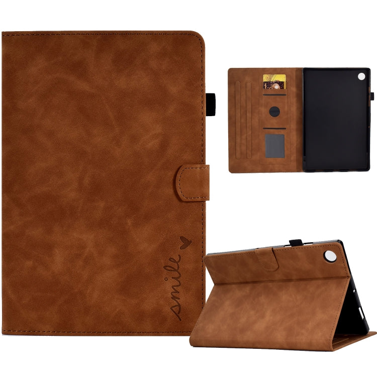 Embossed smile tablet leather folio case, brown, with magnetic stand