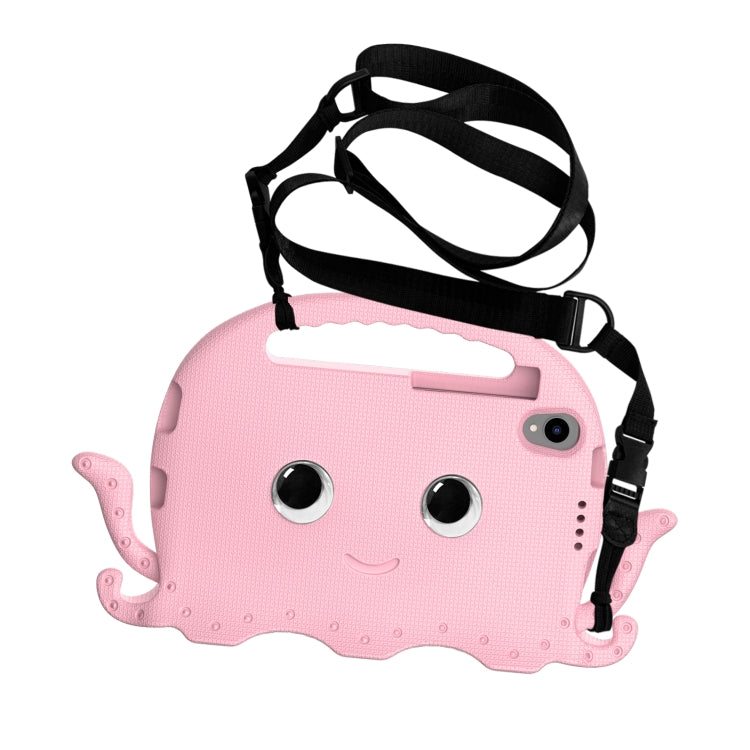 Pink octopus tablet case with black shoulder strap and front viewing window