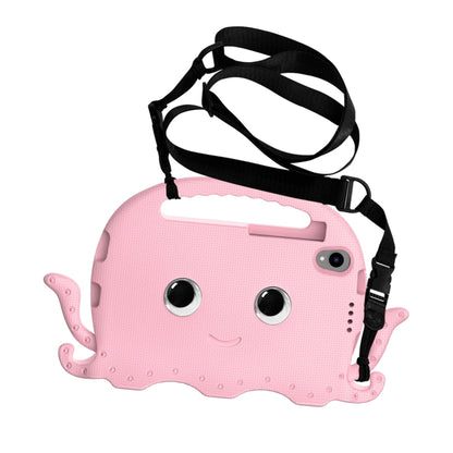 Pink octopus tablet case with black shoulder strap and front viewing window