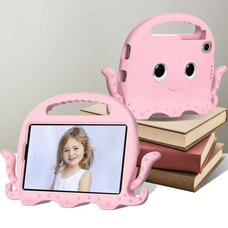 Pink octopus tablet case holding a tablet on a stack of books
