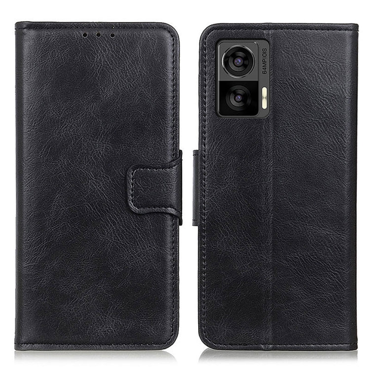 Black textured leather flip phone case with side strap and camera cutout.