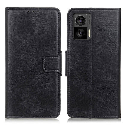 Black textured leather flip phone case with side strap and camera cutout.