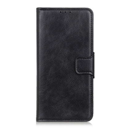 Black textured leather flip phone case with front flap and side closure strap.