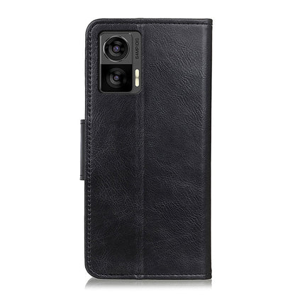 Black textured leather flip phone case with camera cutout and raised edges.