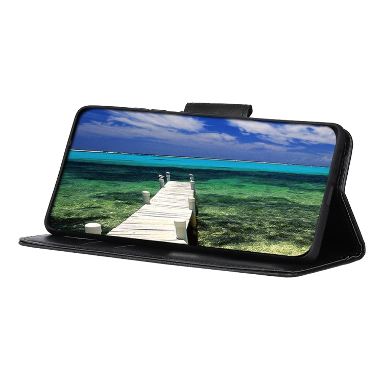 Black textured leather flip phone case with kickstand for landscape viewing.