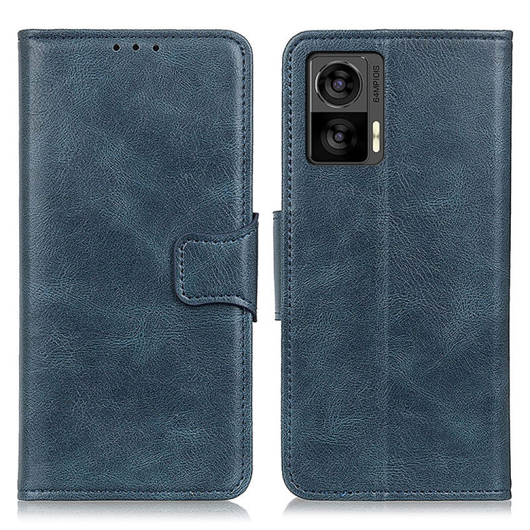 Blue textured leather flip phone case with side strap and camera cutout.