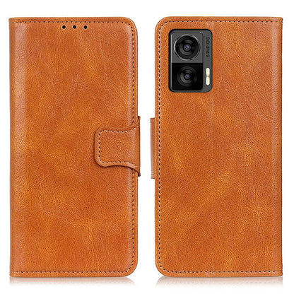 Orange-brown textured leather flip phone case with side strap and camera cutout.