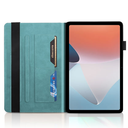 Black tablet with teal folio cover, card slot pocket, and horizontal stand grip